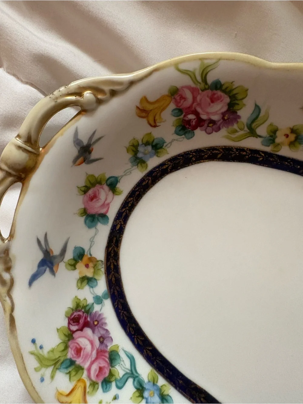 Noritake White Porcelain Handled Serving Tray with Pink Rose and Blue Bird Motif